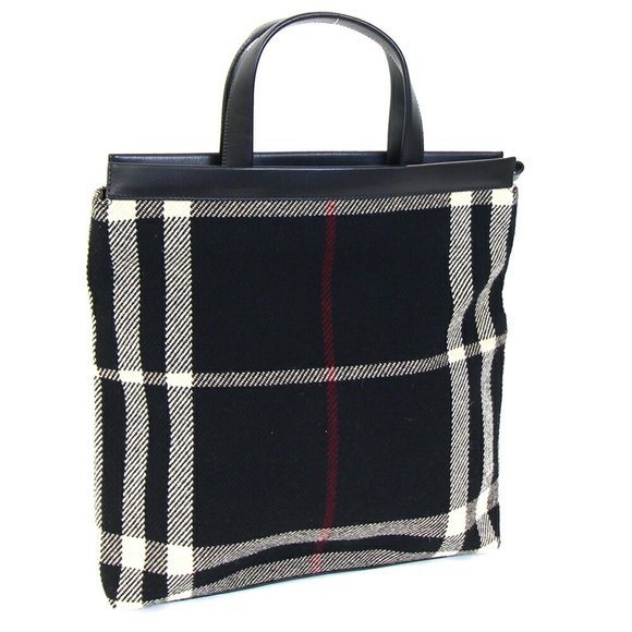 Burberry Handbag Black Ivory Wool Leather Mega Check Tote Women's BURBERRY - Picture 1 of 6